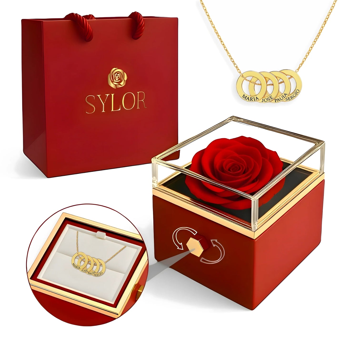 Collana con scatola di rose vere e cerchi intrecciati