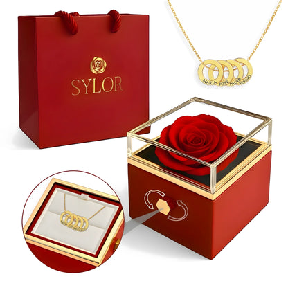 Collana con scatola di rose vere e cerchi intrecciati