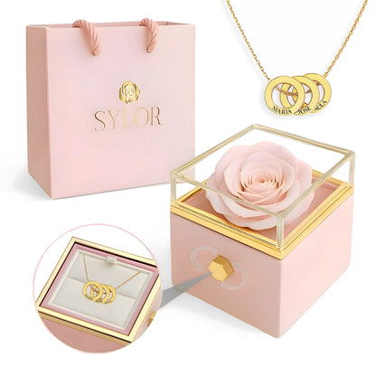 Collana con scatola di rose vere e cerchi intrecciati