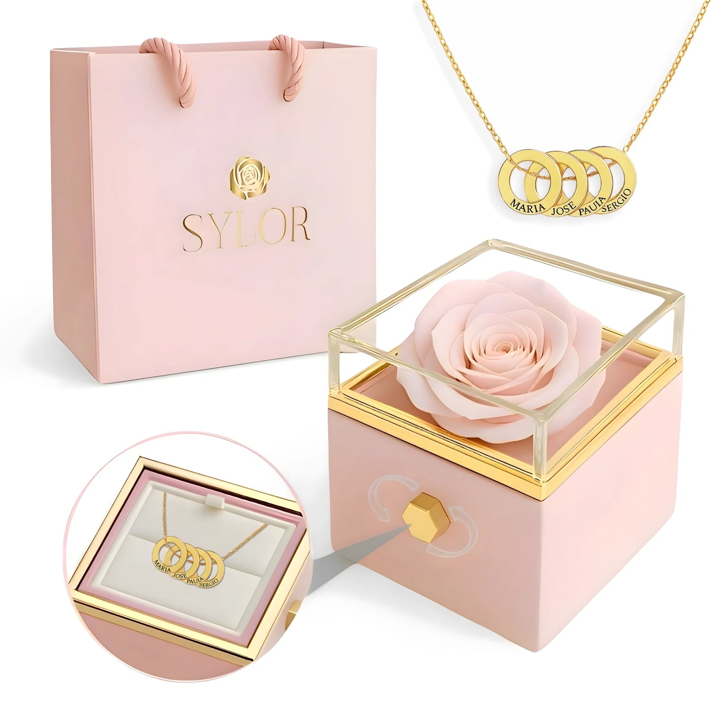 Collana con scatola di rose vere e cerchi intrecciati