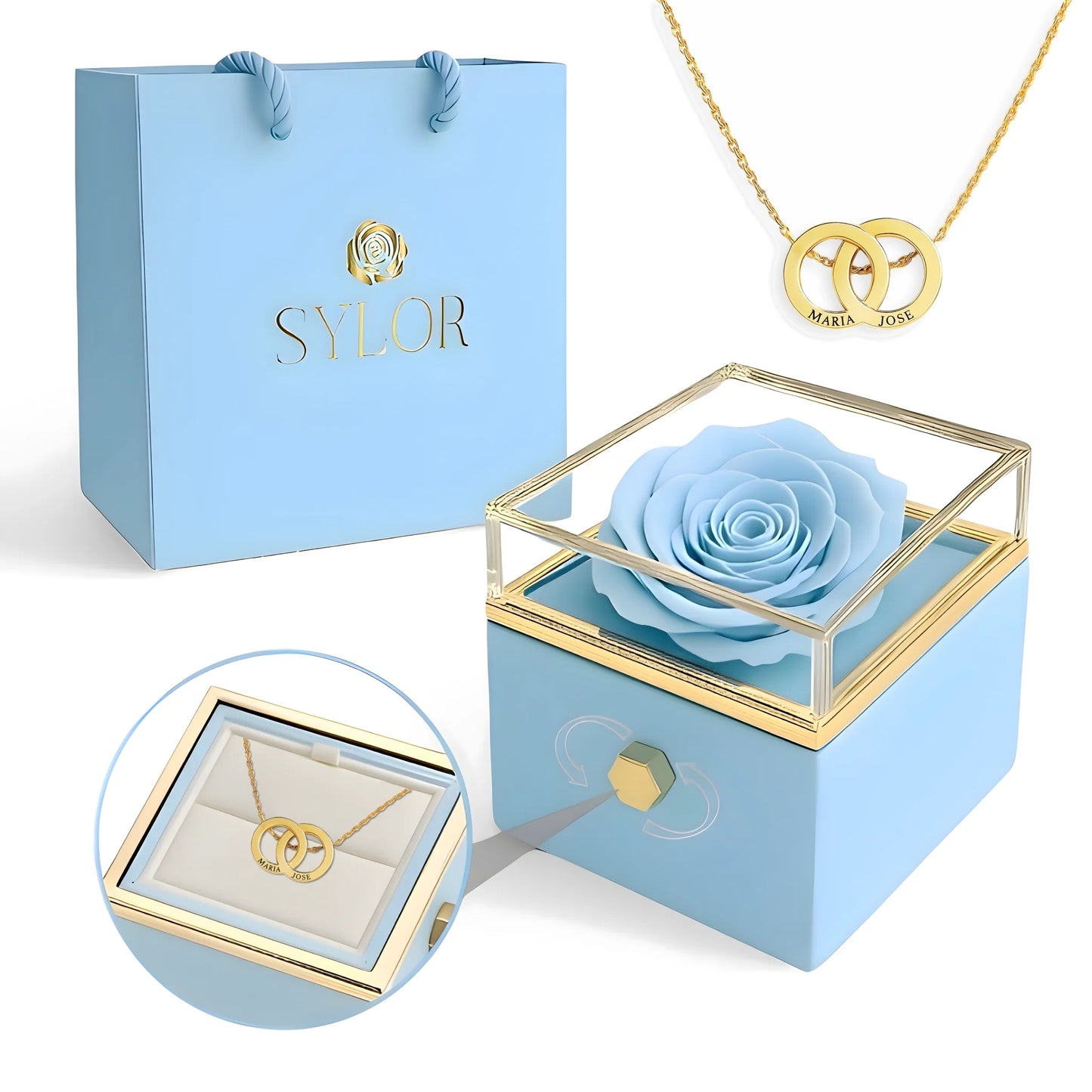 Collana con scatola di rose vere e cerchi intrecciati