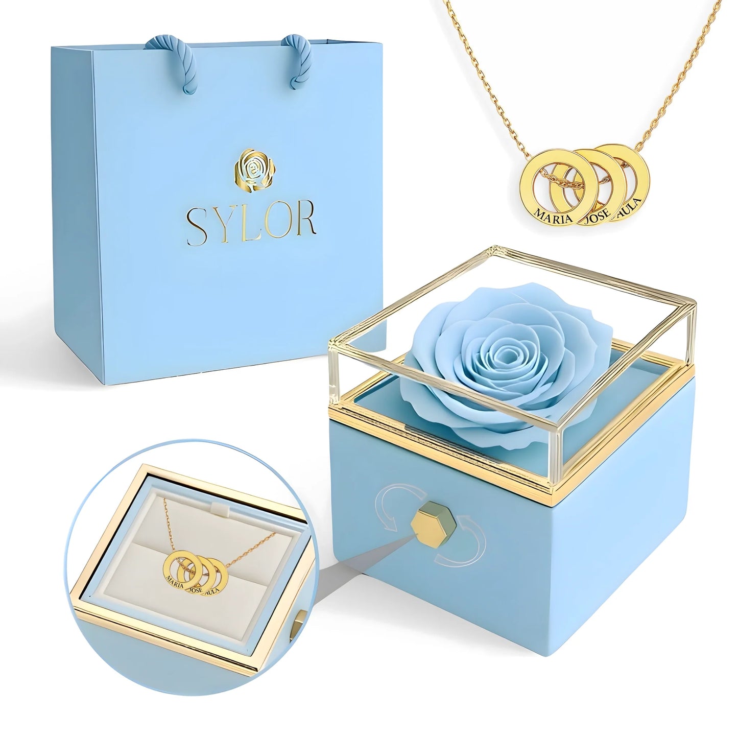 Collana con scatola di rose vere e cerchi intrecciati