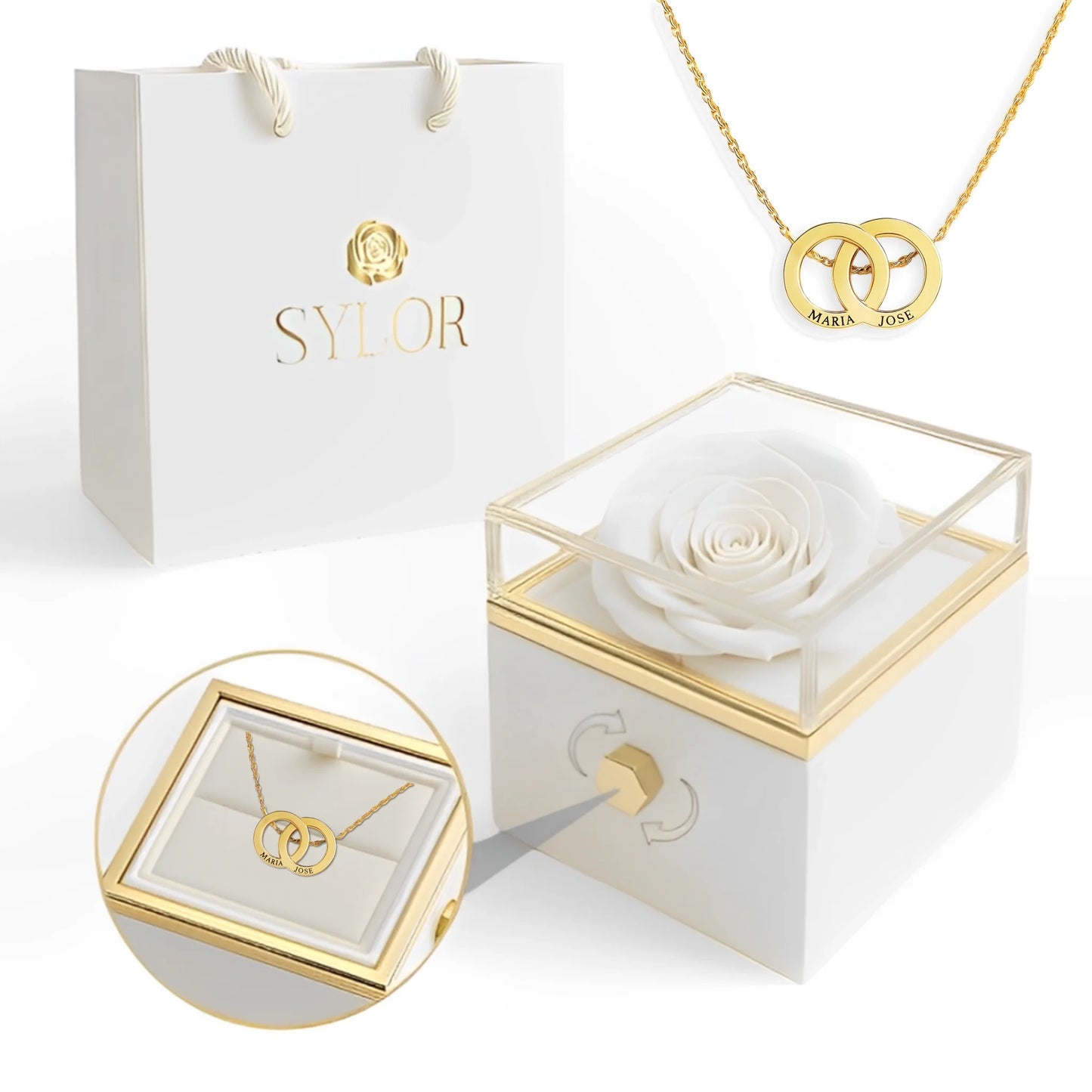 Collana con scatola di rose vere e cerchi intrecciati