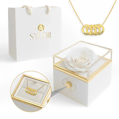 Collana con scatola di rose vere e cerchi intrecciati