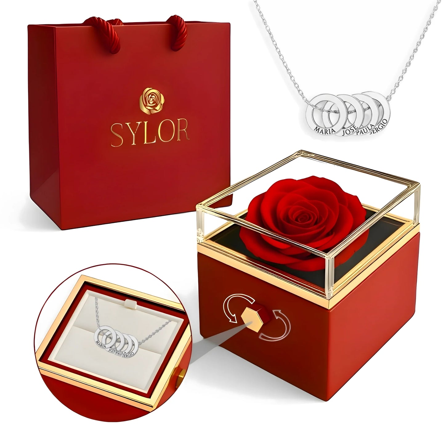 Collana con scatola di rose vere e cerchi intrecciati