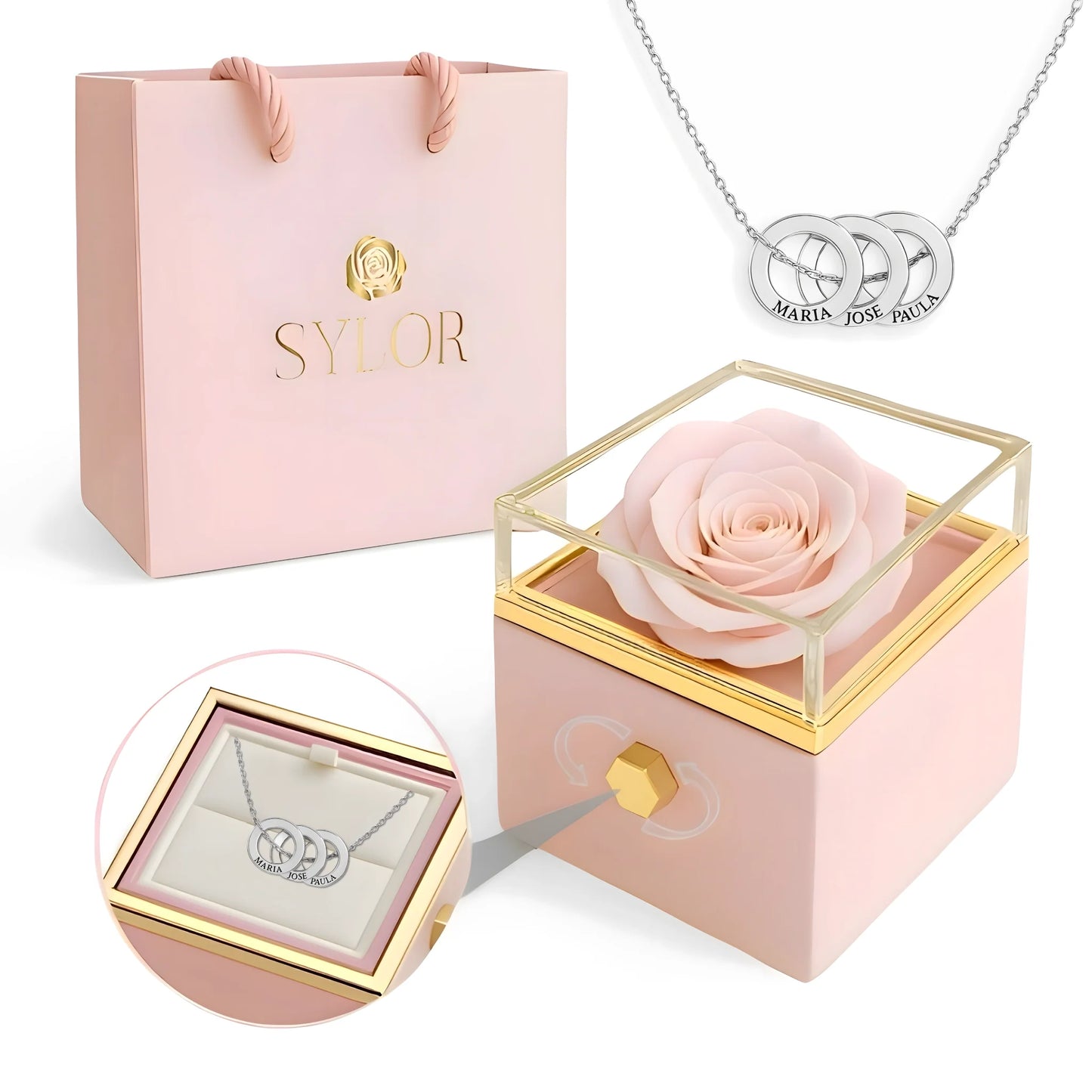 Collana con scatola di rose vere e cerchi intrecciati