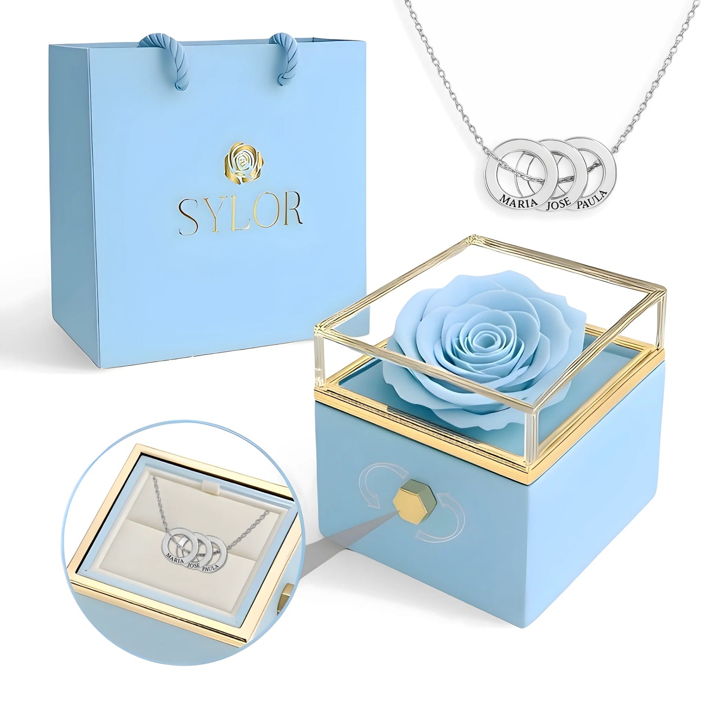 Collana con scatola di rose vere e cerchi intrecciati