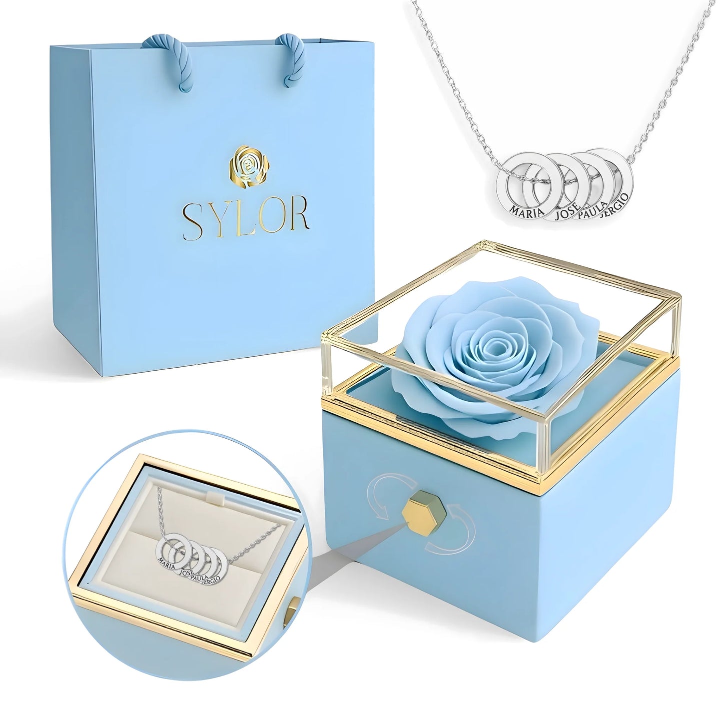 Collana con scatola di rose vere e cerchi intrecciati