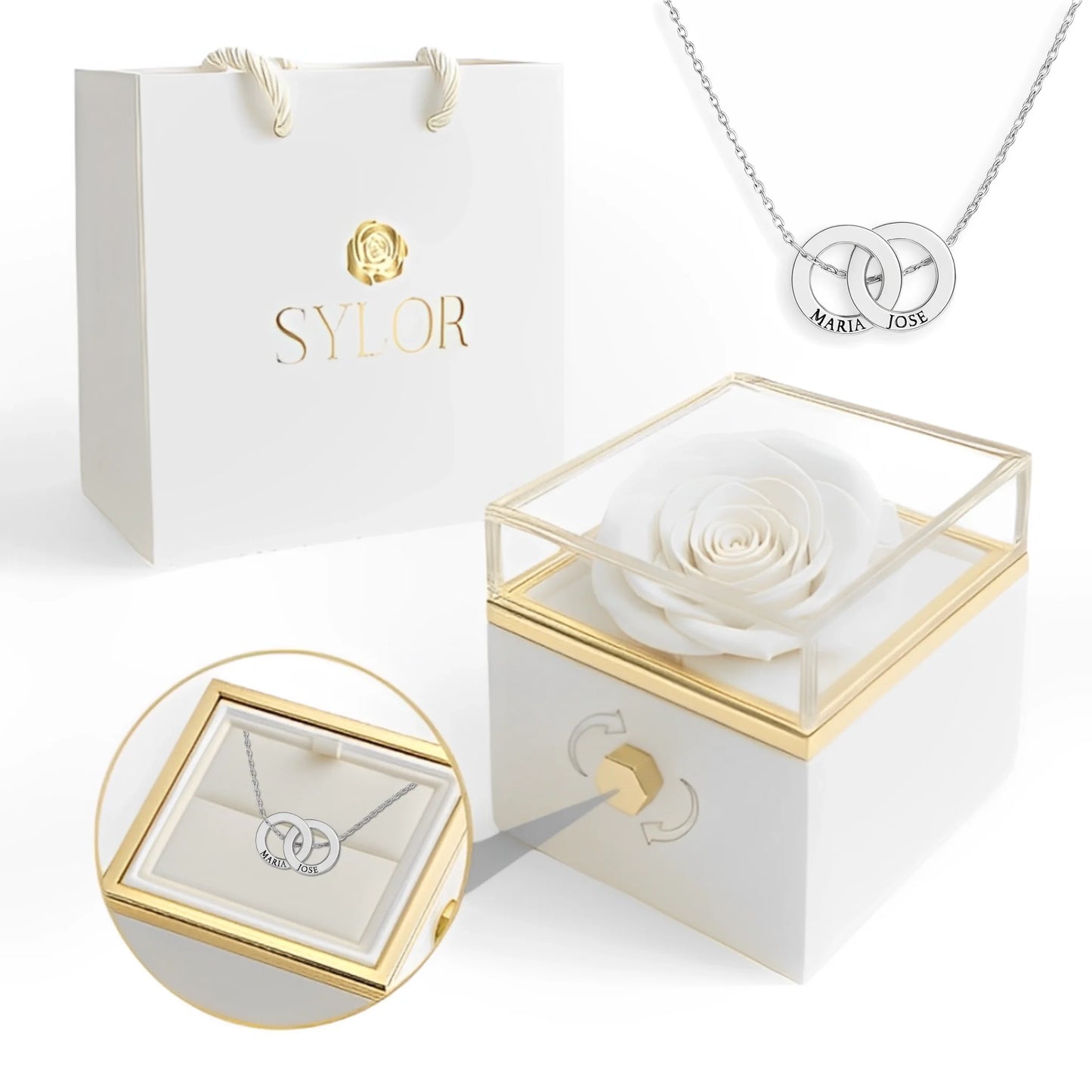 Collana con scatola di rose vere e cerchi intrecciati