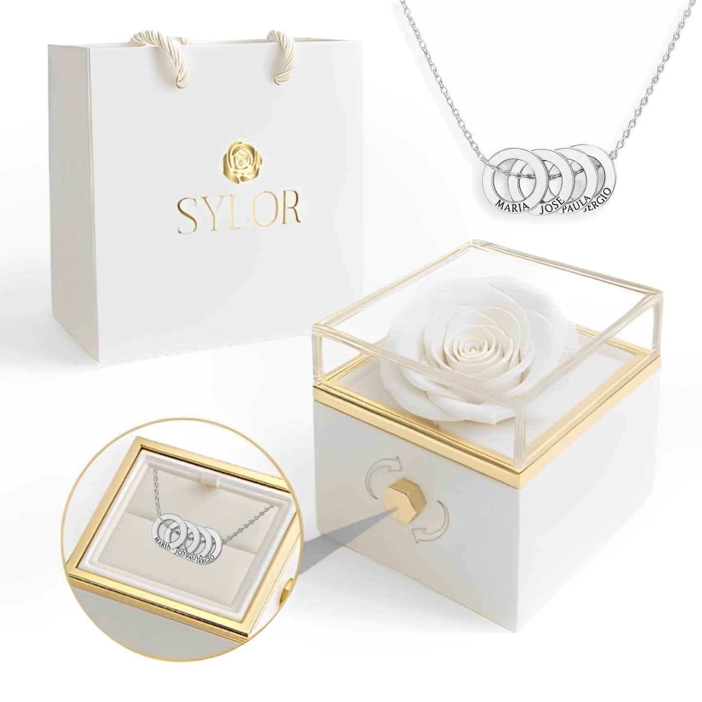 Collana con scatola di rose vere e cerchi intrecciati