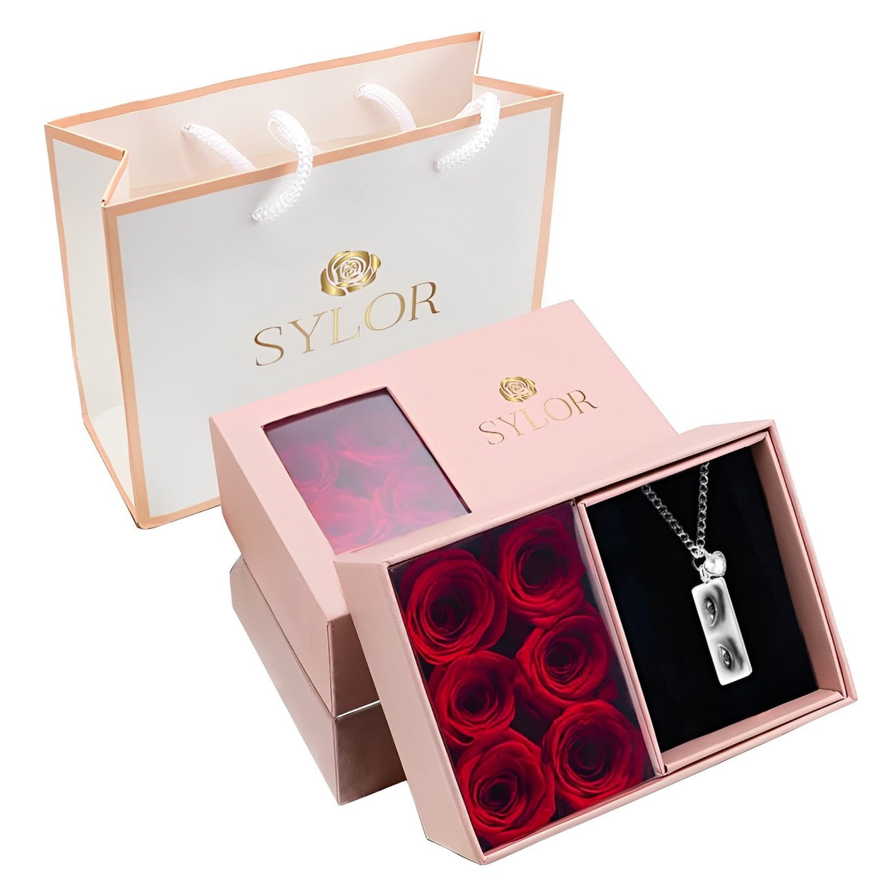 Box of Eternal Roses & Personalized Gaze Necklace