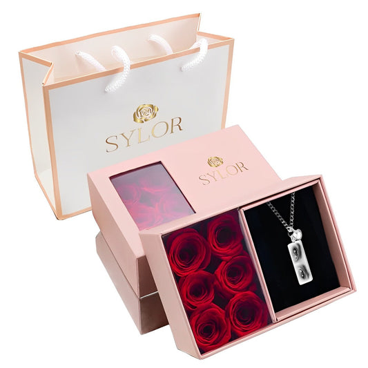 Box of Eternal Roses & Personalized Gaze Necklace