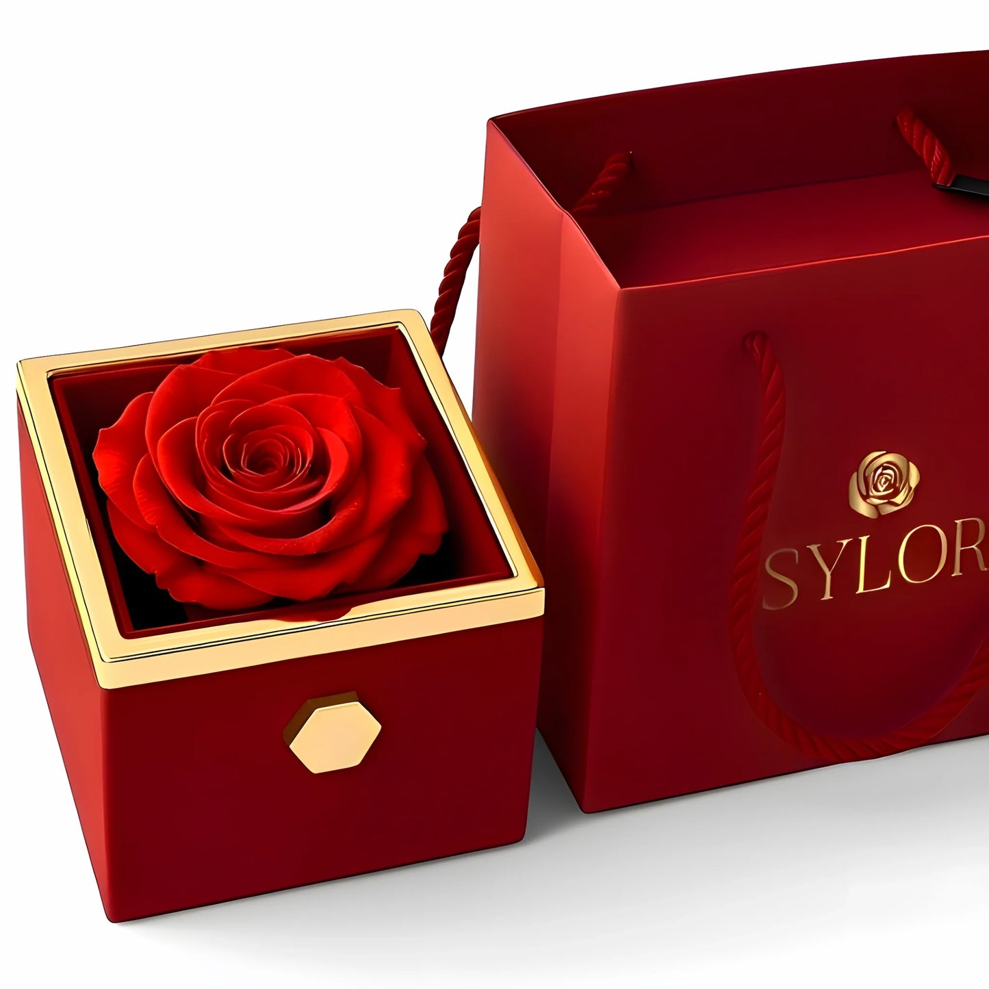 Collana con scatola di rose vere e quadrifoglio di cuori