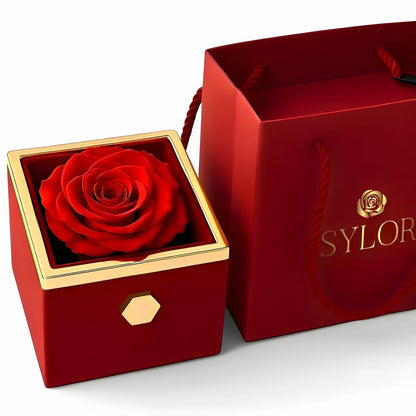 Collana con scatola di rose vere e quadrifoglio di cuori