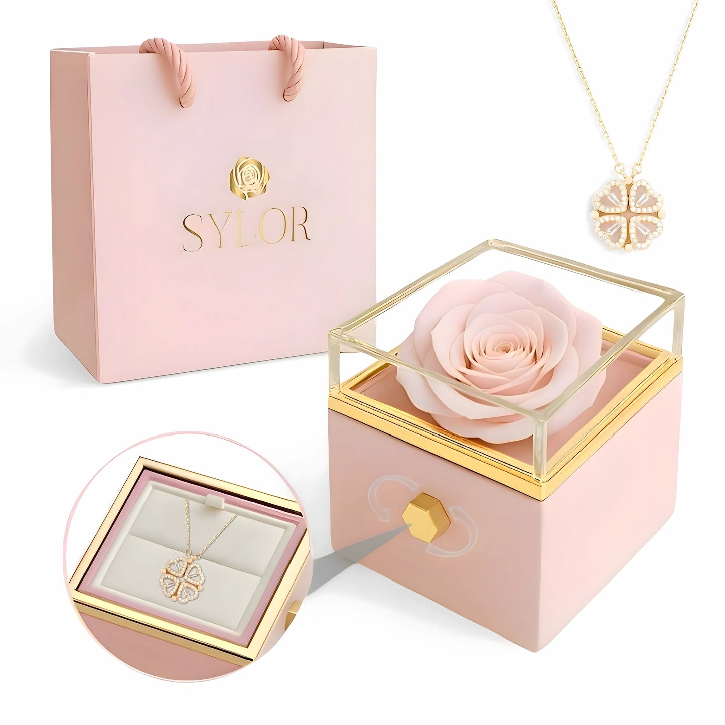 Collana con scatola di rose vere e quadrifoglio di cuori