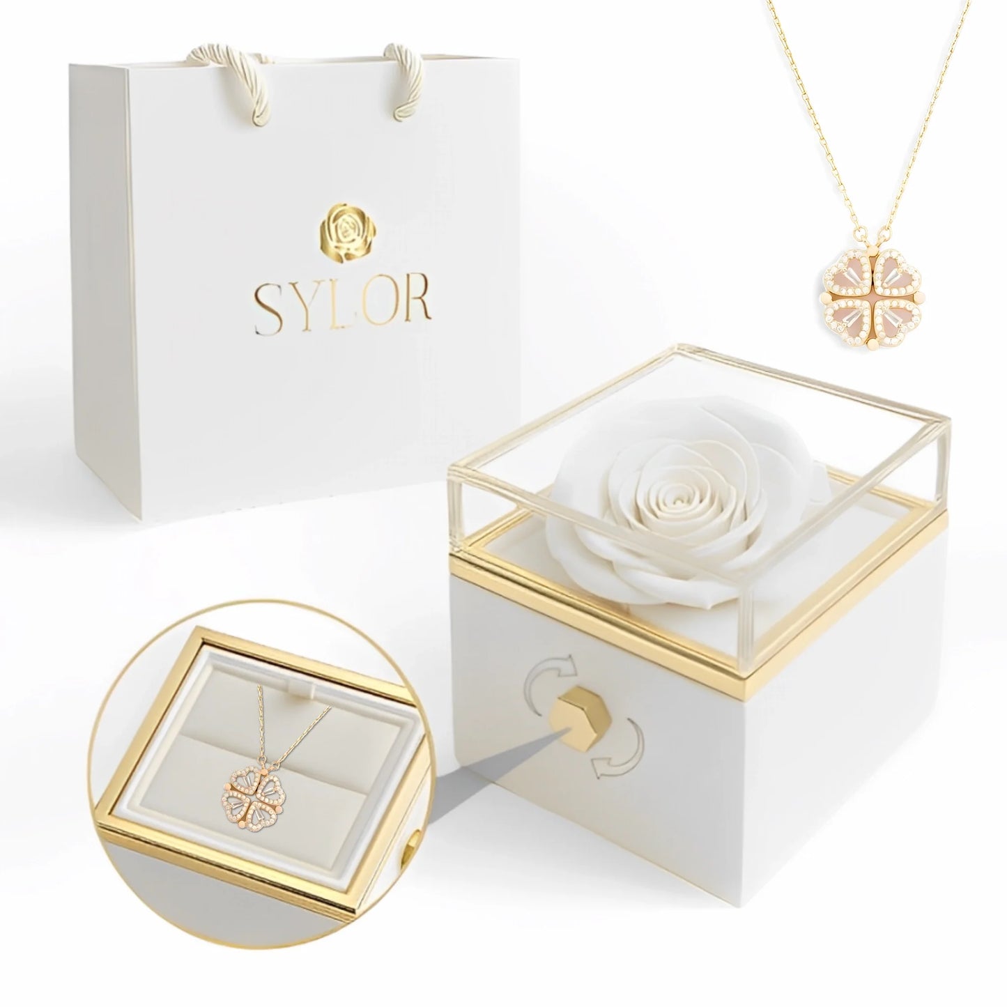 Collana con scatola di rose vere e quadrifoglio di cuori