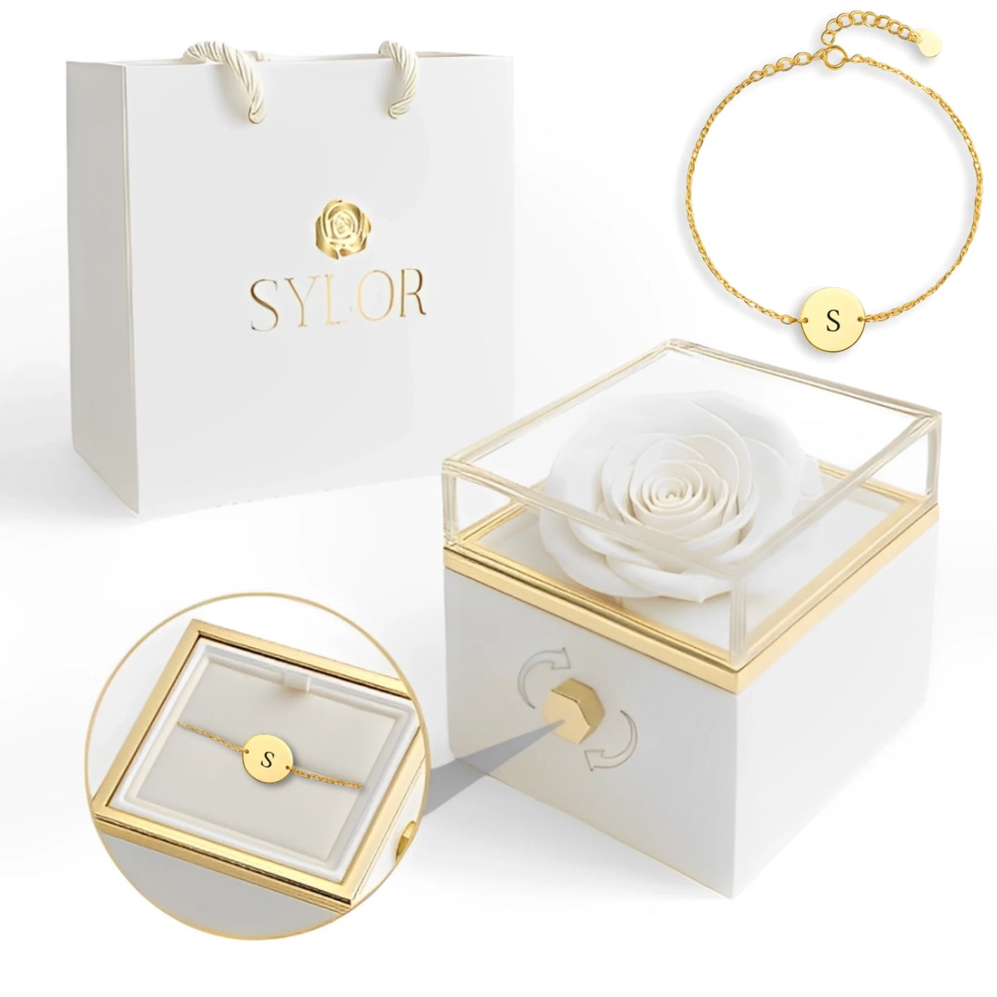 Boîte à roses véritables et bracelet Venchi