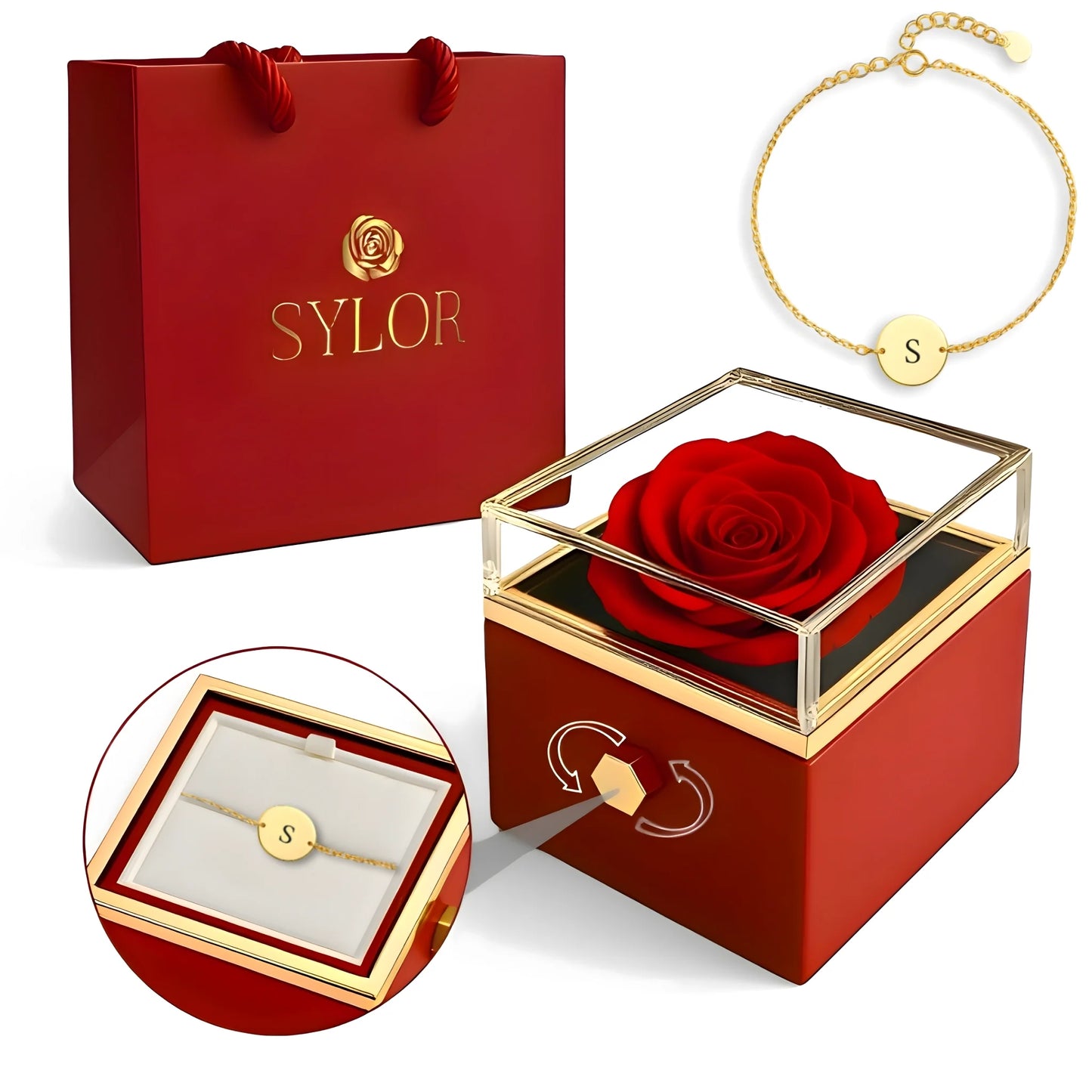 Boîte à roses véritables et bracelet Venchi