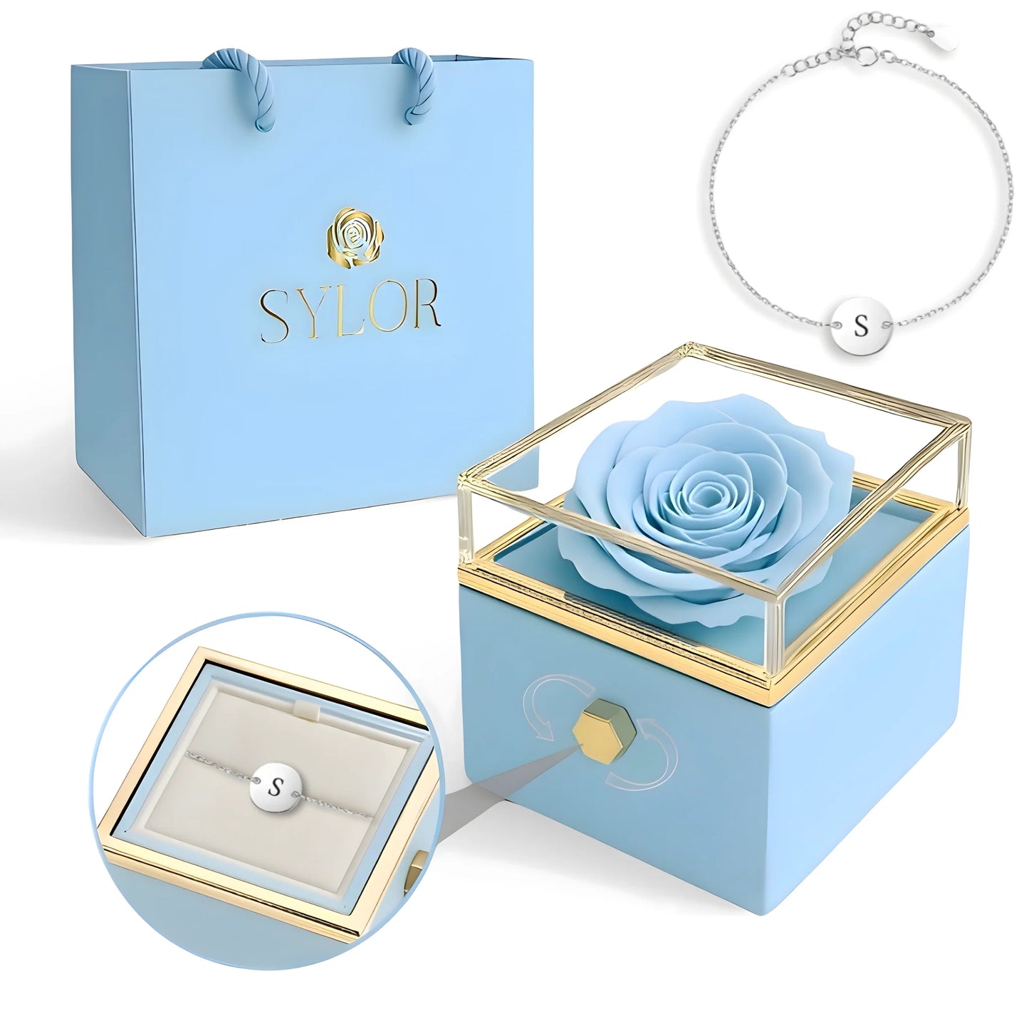 Boîte à roses véritables et bracelet Venchi