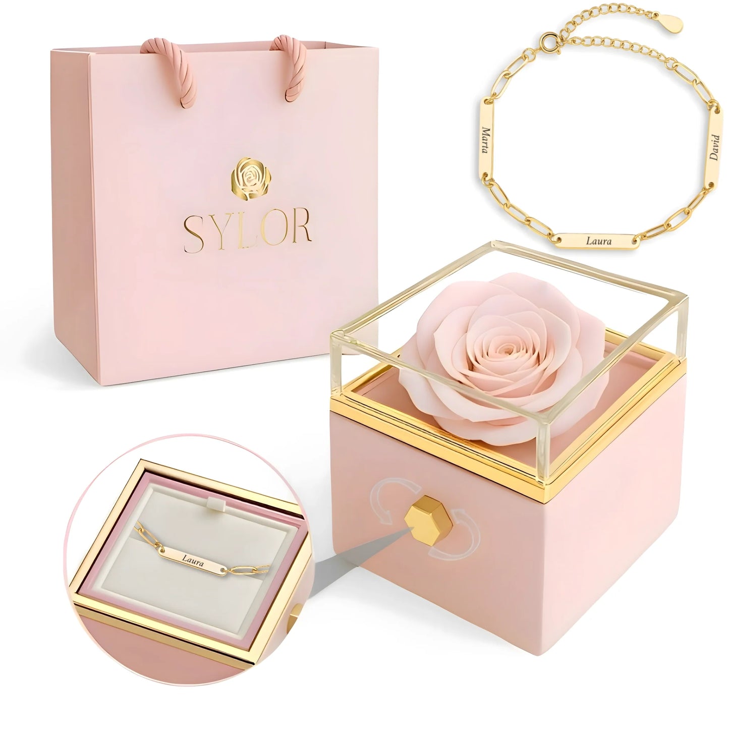 Real Rose Box & Linked Bracelet
