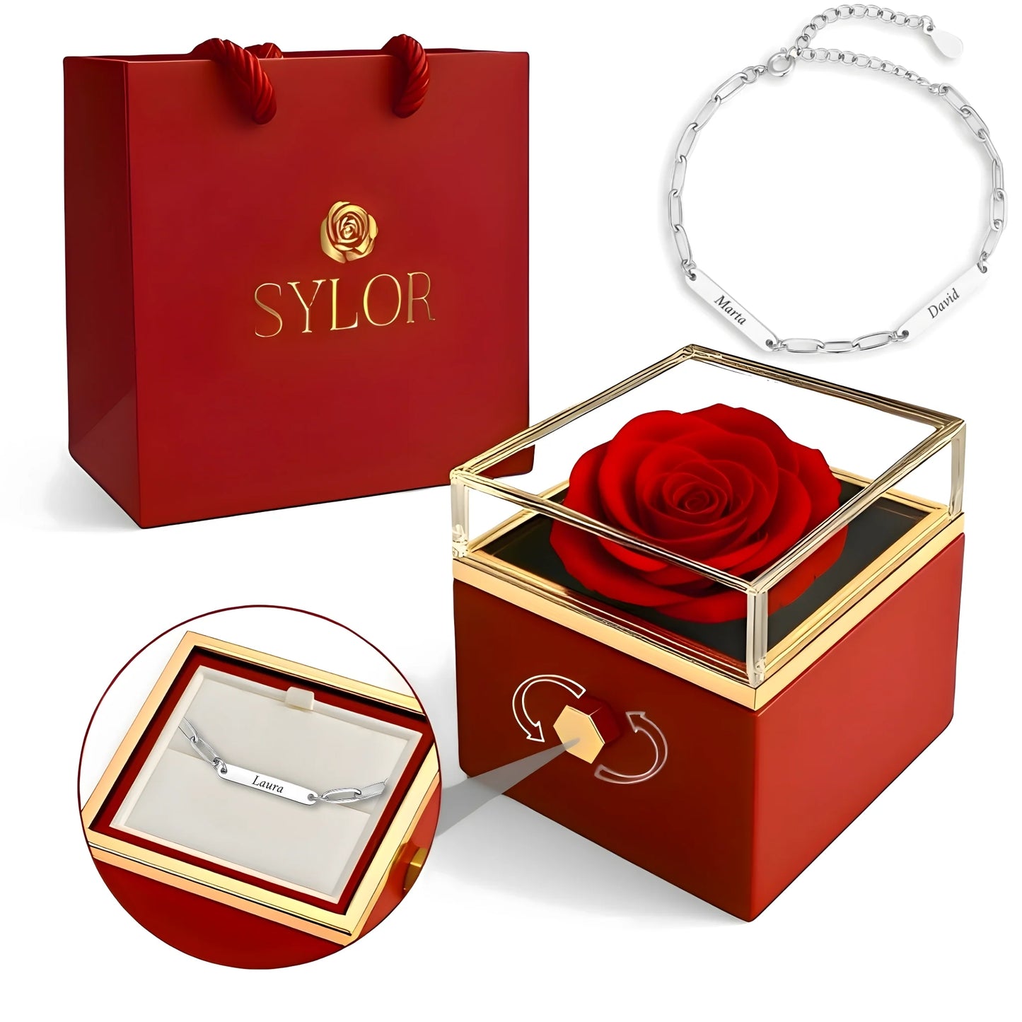 Real Rose Box & Linked Bracelet