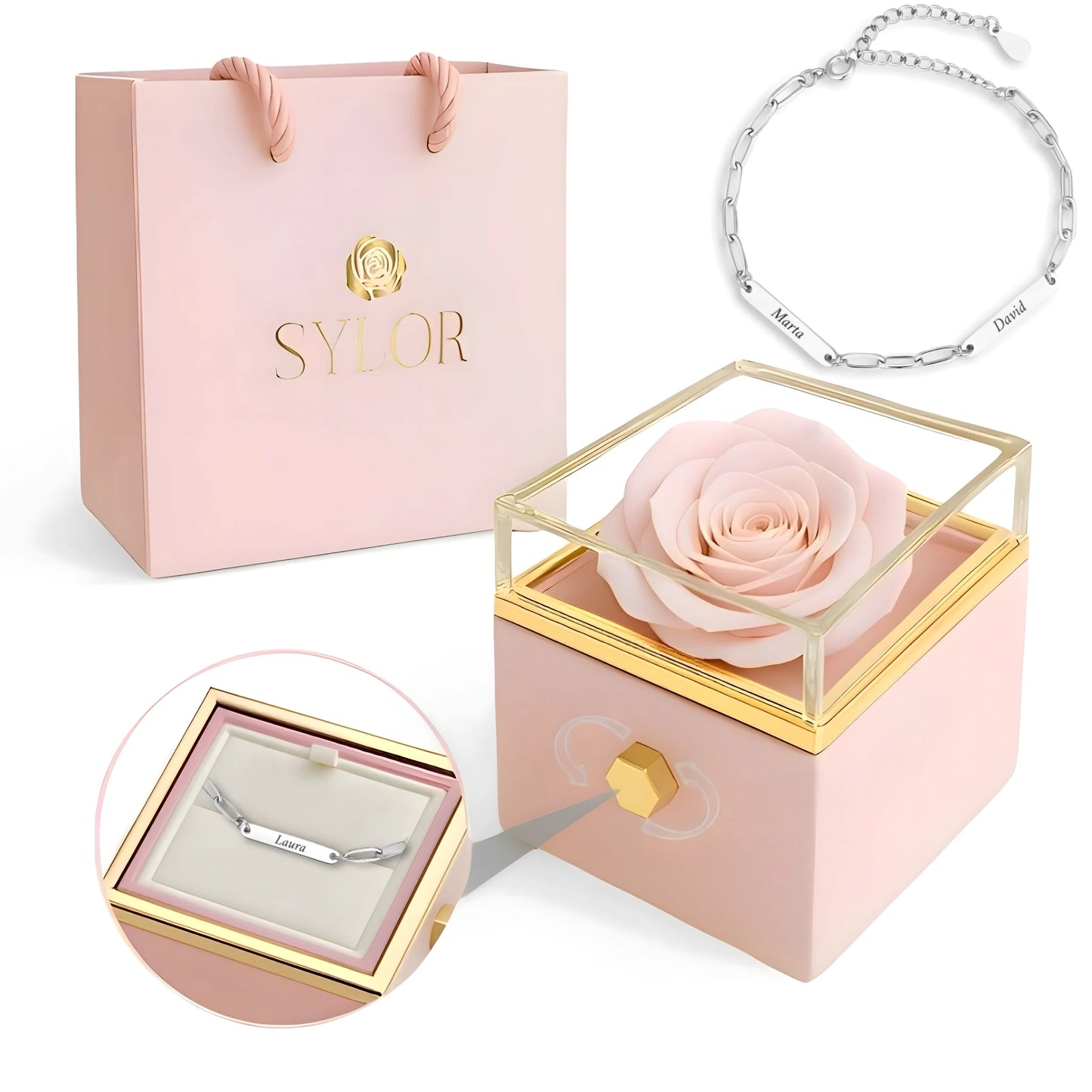 Real Rose Box & Linked Bracelet