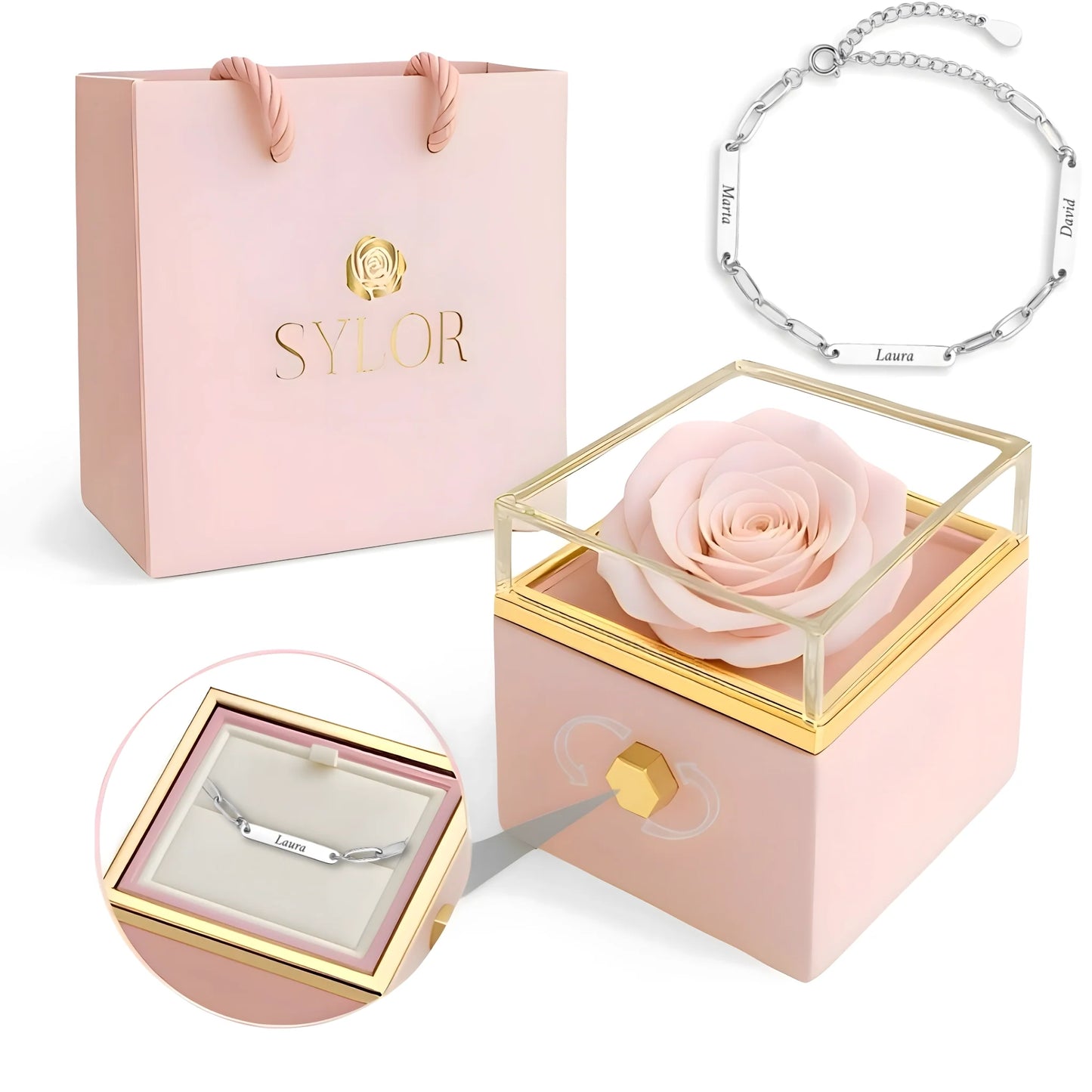 Real Rose Box & Linked Bracelet